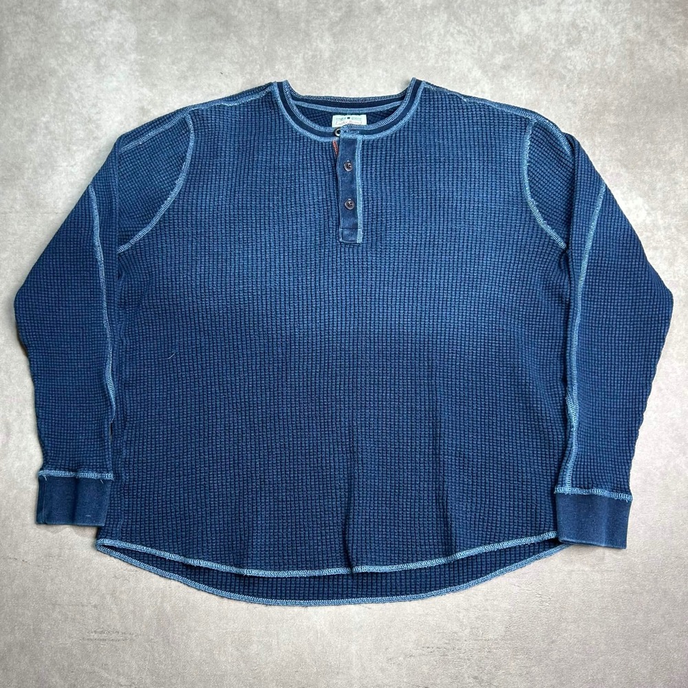 Lucky Brand Mens XXL Blue Waffle Knit Thermal Henley Vintage Fade Heavy Cotton